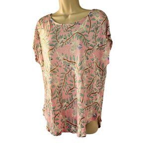 Cynthia Rowley Linen Knit Top Womens M Pink Bird Pattern Cap Slv Curved Hem NEW